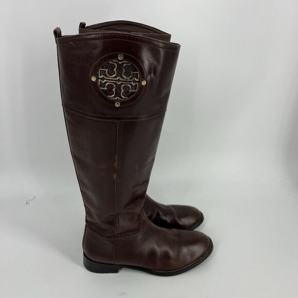 Tory Burch Shoes - Tory Burch Kiernan Boots Size 7.5 Womens Brown Western Leather Riding Gold Logo